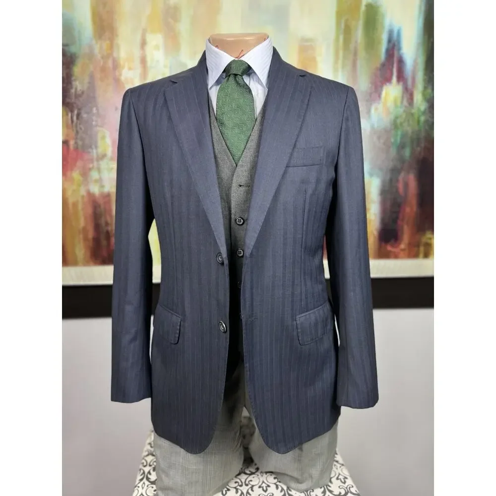 SARTORIO NAPOLI by KITON Italy 40R Blue Herringbone Stripe Wool Blazer 50IT Slim